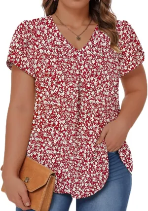 ROSRISS Plus-Size Summer Tops Petal Short Sleeve Shirts Casual V Neck Tuincs Chiffon Blouses