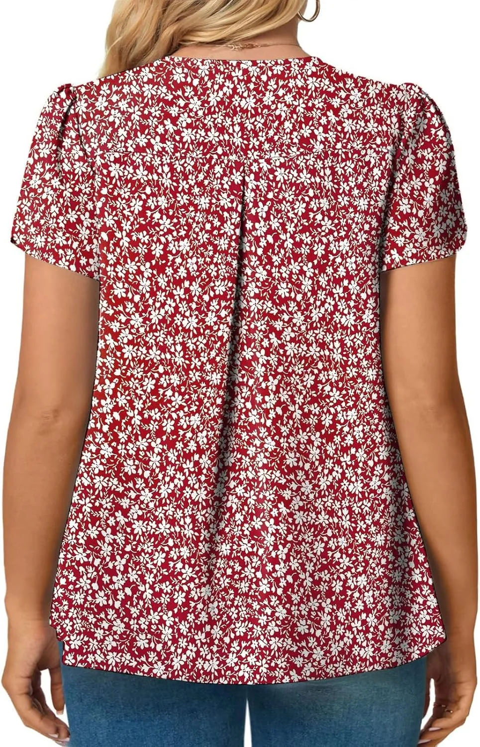 ROSRISS Plus-Size Summer Tops Petal Short Sleeve Shirts Casual V Neck Tuincs Chiffon Blouses