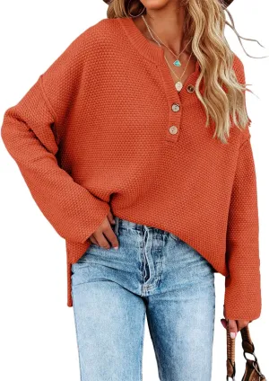 Saodimallsu Women's Oversized Sweaters Batwing Long Sleeve Loose V Neck Button Henley Tops Pullover Knit Jumper
