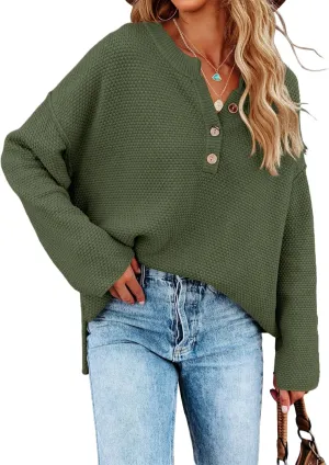 Saodimallsu Women's Oversized Sweaters Batwing Long Sleeve Loose V Neck Button Henley Tops Pullover Knit Jumper