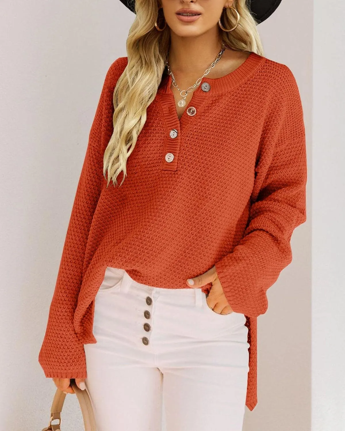 Saodimallsu Women's Oversized Sweaters Batwing Long Sleeve Loose V Neck Button Henley Tops Pullover Knit Jumper