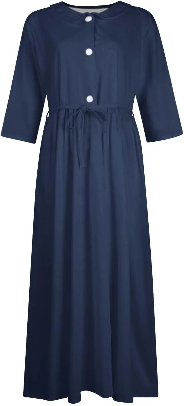 SERYU Womens Floral Summer Dress Boho 3/4 Sleeve Lapel Neck Button A-Line Lace-Up Sundress Vacation Beach Long Dresses