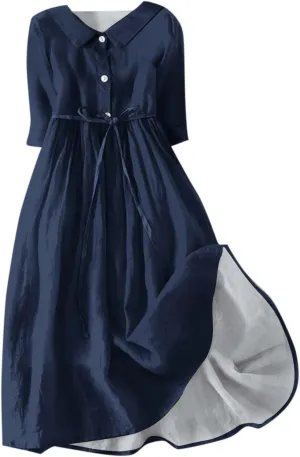 SERYU Womens Floral Summer Dress Boho 3/4 Sleeve Lapel Neck Button A-Line Lace-Up Sundress Vacation Beach Long Dresses