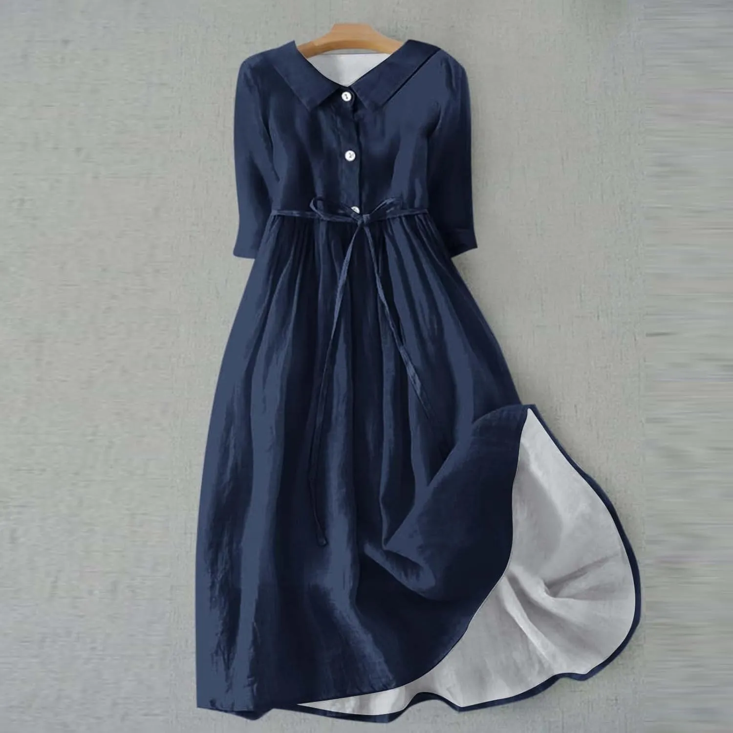 SERYU Womens Floral Summer Dress Boho 3/4 Sleeve Lapel Neck Button A-Line Lace-Up Sundress Vacation Beach Long Dresses