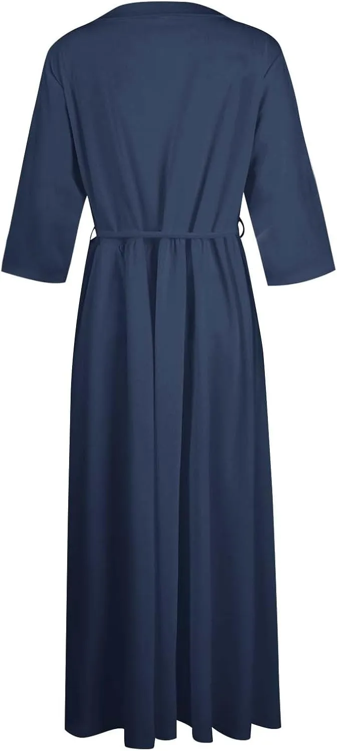 SERYU Womens Floral Summer Dress Boho 3/4 Sleeve Lapel Neck Button A-Line Lace-Up Sundress Vacation Beach Long Dresses