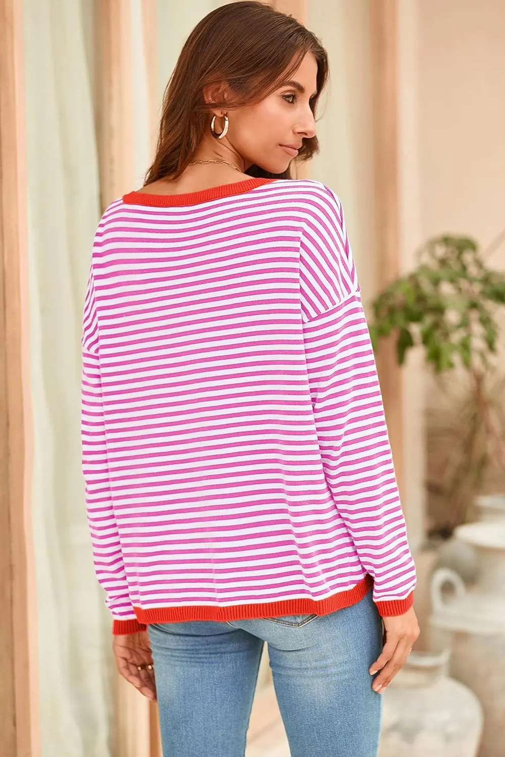 Sherosa Womens Long Sleeve Striped Sweaters 2024 Trendy Crewneck Color Block Shirts High Low Fall Tops Fashion Outfits