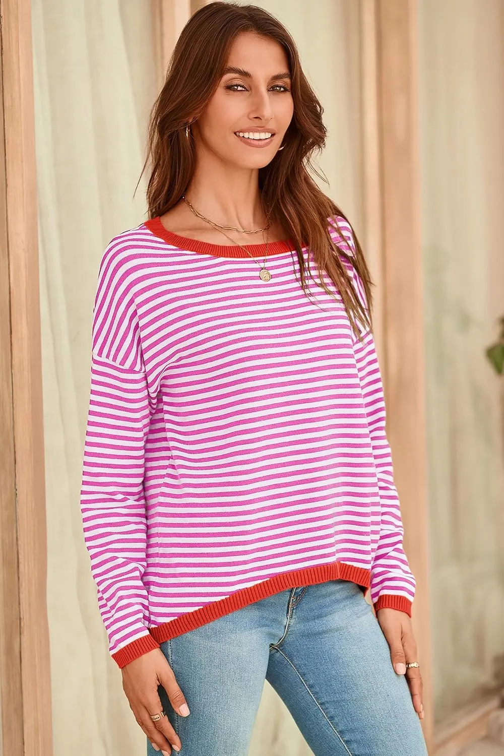 Sherosa Womens Long Sleeve Striped Sweaters 2024 Trendy Crewneck Color Block Shirts High Low Fall Tops Fashion Outfits