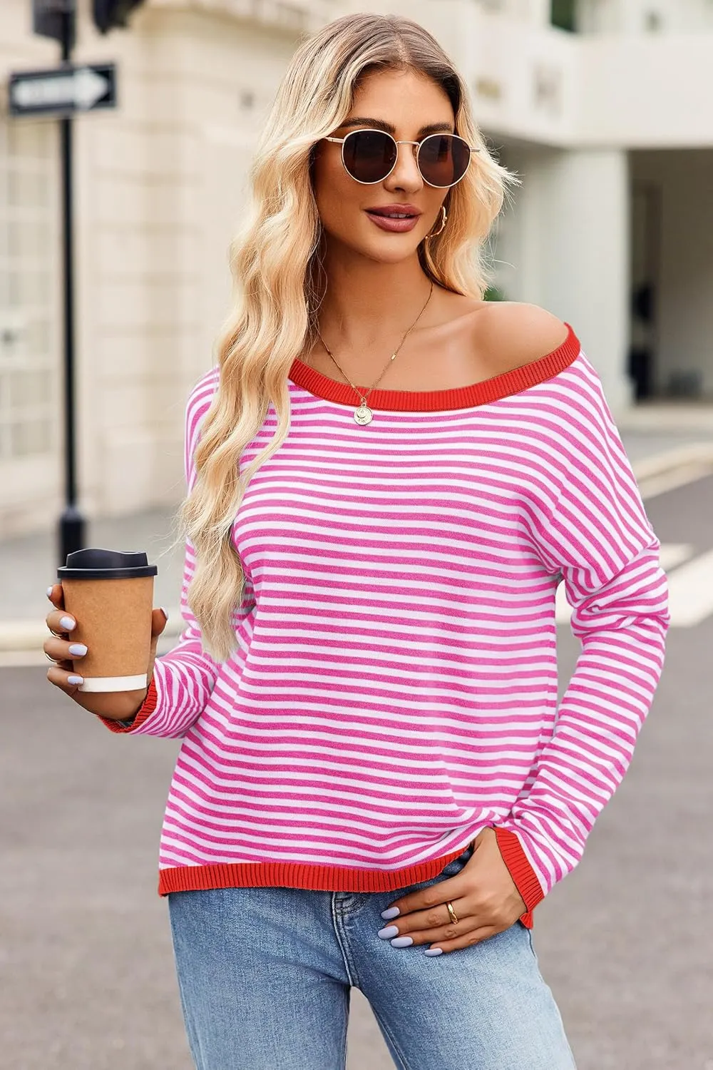 Sherosa Womens Long Sleeve Striped Sweaters 2024 Trendy Crewneck Color Block Shirts High Low Fall Tops Fashion Outfits