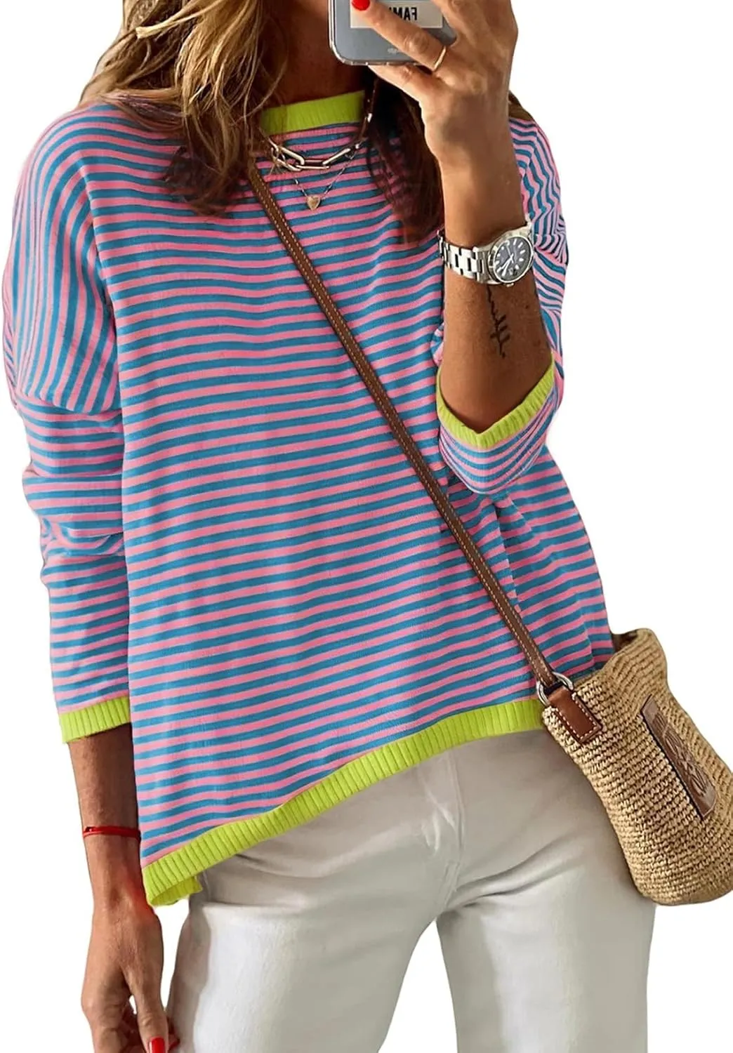 Sherosa Womens Long Sleeve Striped Sweaters 2024 Trendy Crewneck Color Block Shirts High Low Fall Tops Fashion Outfits