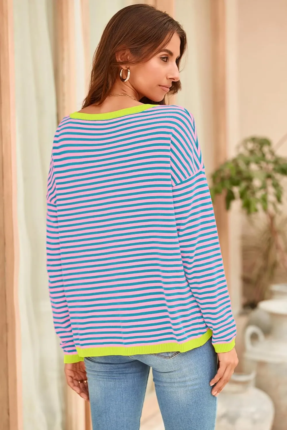 Sherosa Womens Long Sleeve Striped Sweaters 2024 Trendy Crewneck Color Block Shirts High Low Fall Tops Fashion Outfits