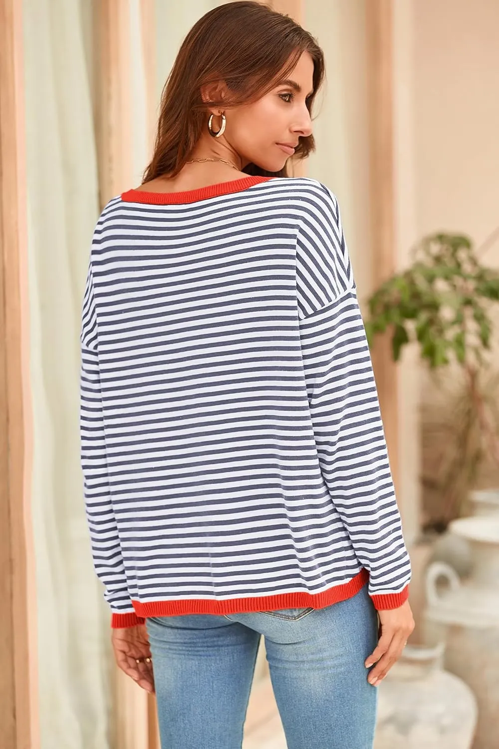 Sherosa Womens Long Sleeve Striped Sweaters 2024 Trendy Crewneck Color Block Shirts High Low Fall Tops Fashion Outfits