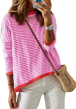 Sherosa Womens Long Sleeve Striped Sweaters 2024 Trendy Crewneck Color Block Shirts High Low Fall Tops Fashion Outfits