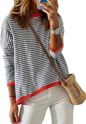 Sherosa Womens Long Sleeve Striped Sweaters 2024 Trendy Crewneck Color Block Shirts High Low Fall Tops Fashion Outfits