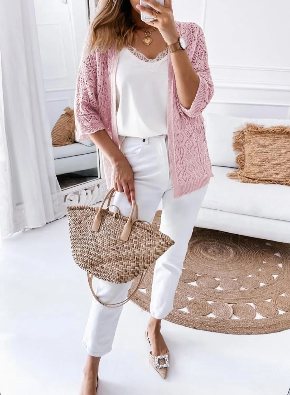 SHEWIN Summer Cardigan Sweaters for Women Lightweight 3/4 Sleeve Open Front Cropped Crochet Beach Cover Ups