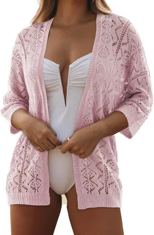 SHEWIN Summer Cardigan Sweaters for Women Lightweight 3/4 Sleeve Open Front Cropped Crochet Beach Cover Ups