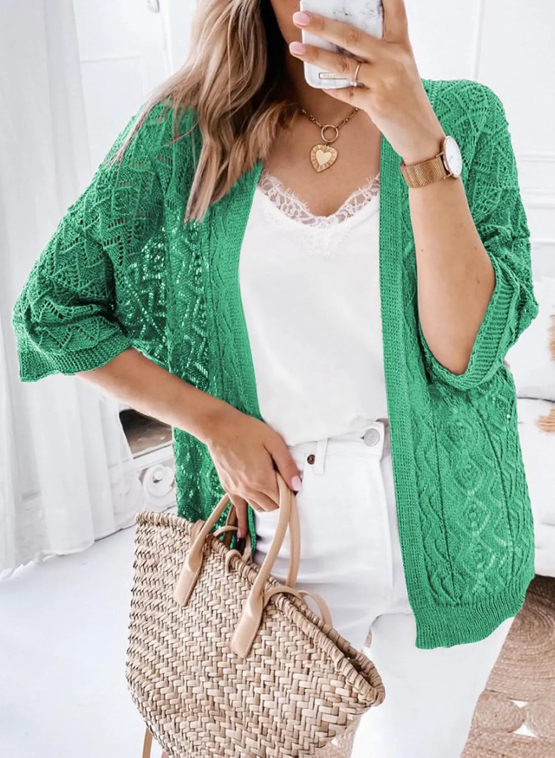 SHEWIN Summer Cardigan Sweaters for Women Lightweight 3/4 Sleeve Open Front Cropped Crochet Beach Cover Ups