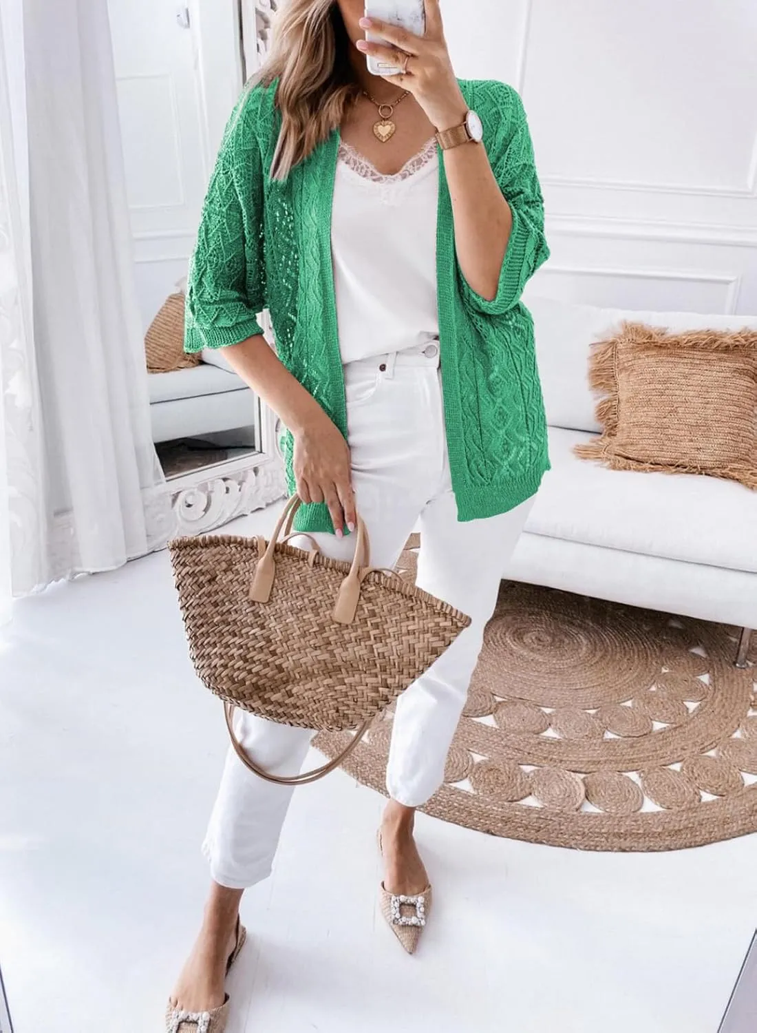 SHEWIN Summer Cardigan Sweaters for Women Lightweight 3/4 Sleeve Open Front Cropped Crochet Beach Cover Ups
