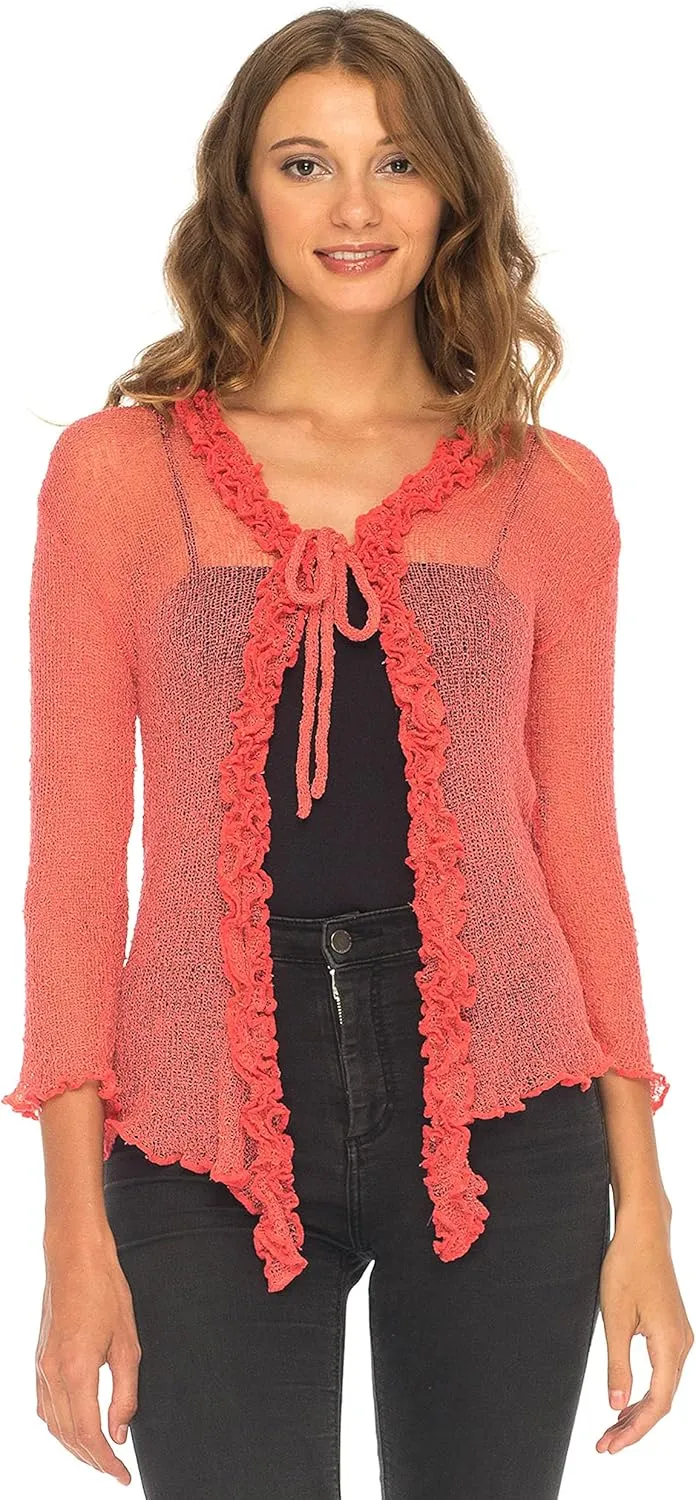 SHU-SHI Womens Sheer Shrug Cardigan Sweater Lightweight Knit Ruffle