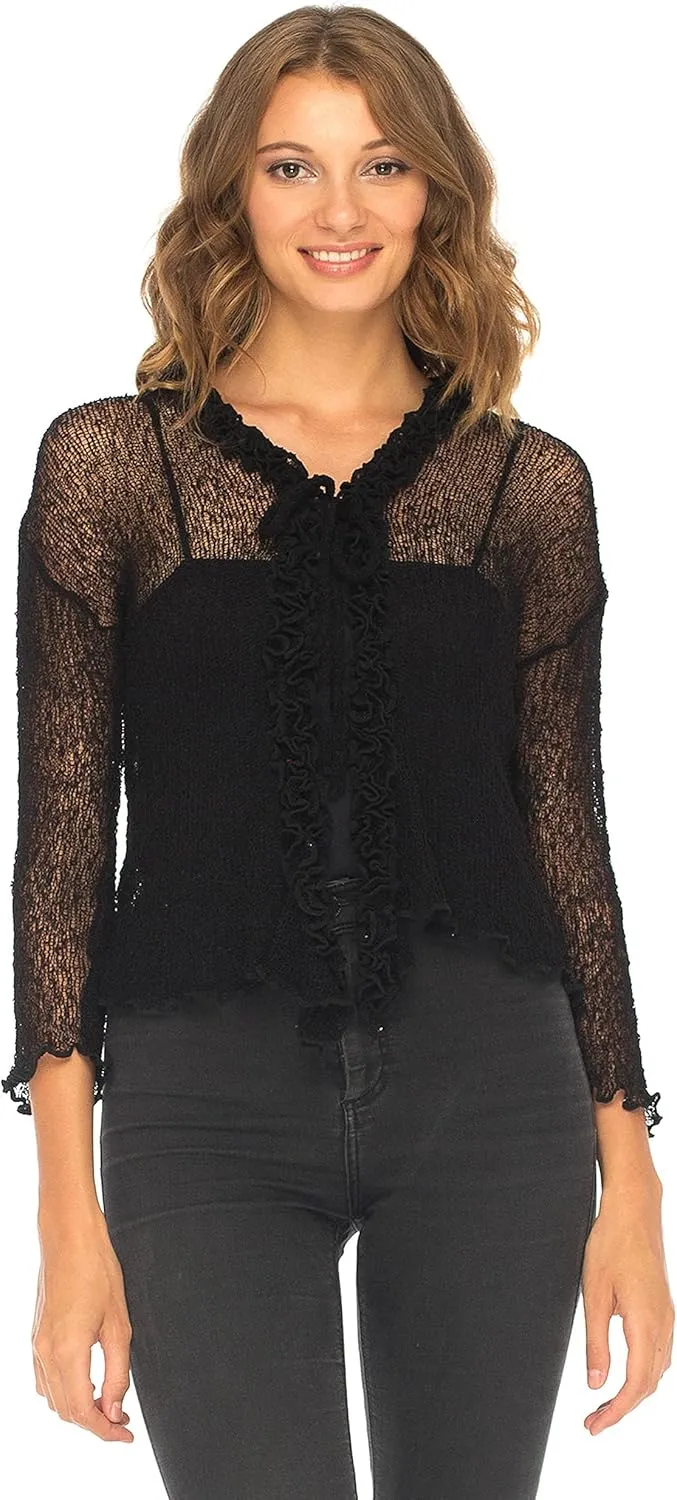 SHU-SHI Womens Sheer Shrug Cardigan Sweater Lightweight Knit Ruffle