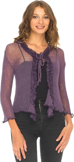 SHU-SHI Womens Sheer Shrug Cardigan Sweater Lightweight Knit Ruffle