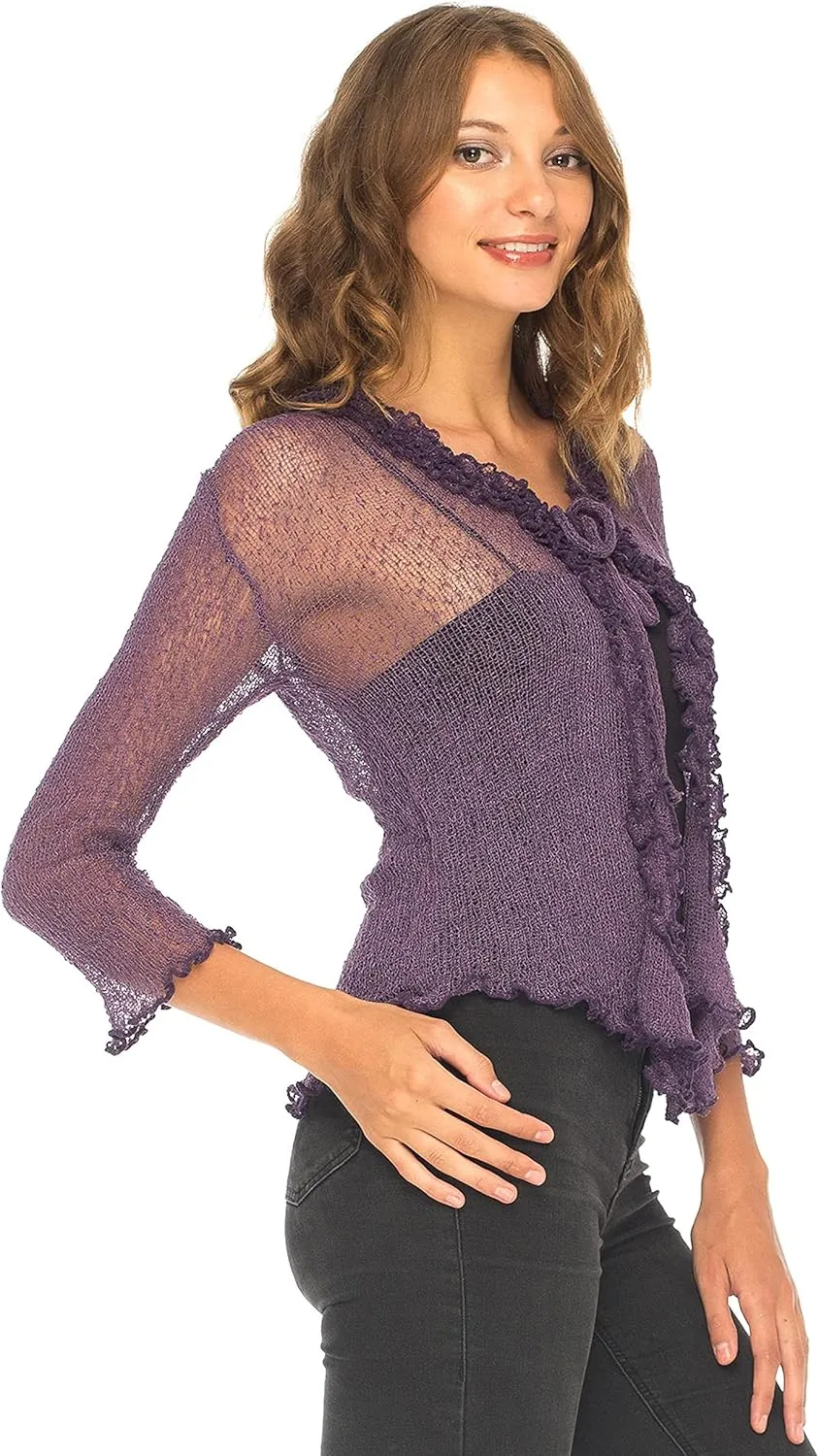 SHU-SHI Womens Sheer Shrug Cardigan Sweater Lightweight Knit Ruffle