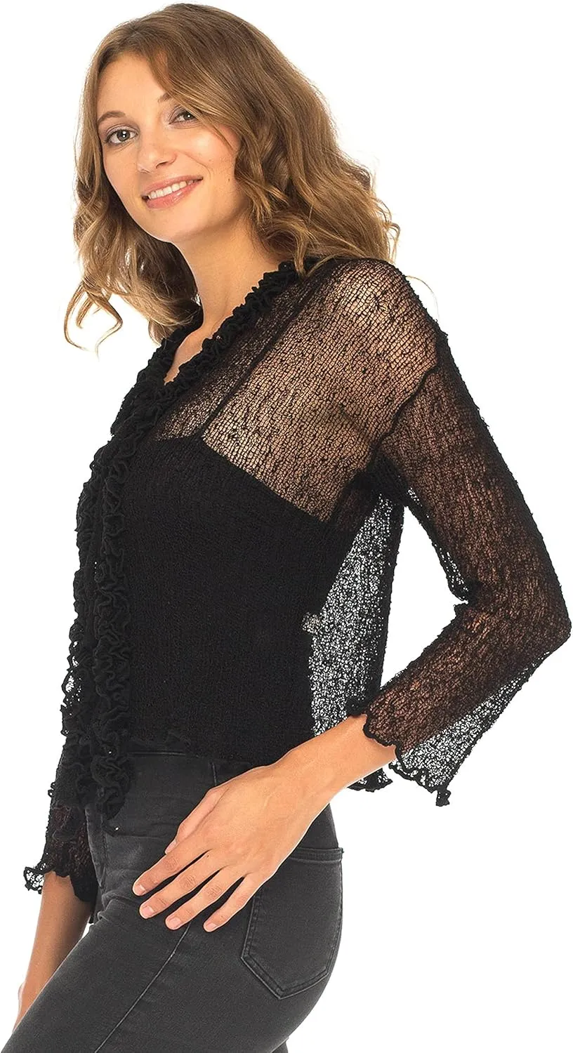 SHU-SHI Womens Sheer Shrug Cardigan Sweater Lightweight Knit Ruffle