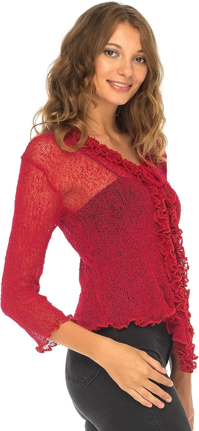 SHU-SHI Womens Sheer Shrug Cardigan Sweater Lightweight Knit Ruffle