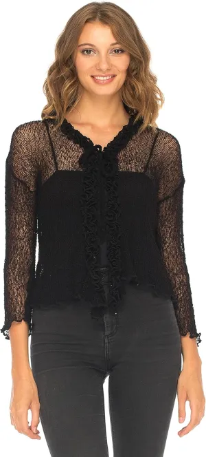 SHU-SHI Womens Sheer Shrug Cardigan Sweater Lightweight Knit Ruffle