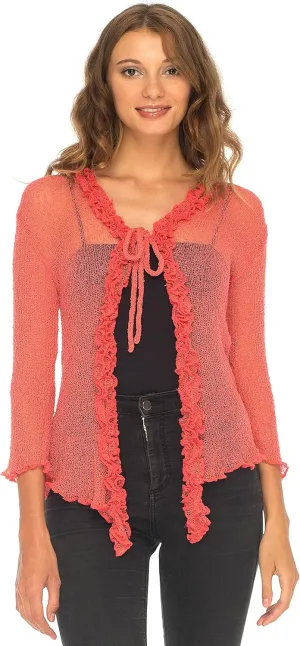 SHU-SHI Womens Sheer Shrug Cardigan Sweater Lightweight Knit Ruffle