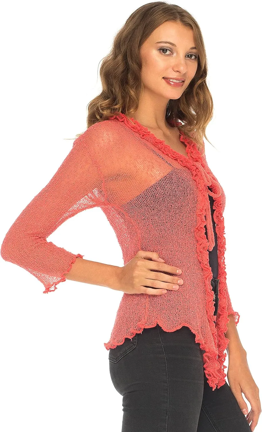 SHU-SHI Womens Sheer Shrug Cardigan Sweater Lightweight Knit Ruffle