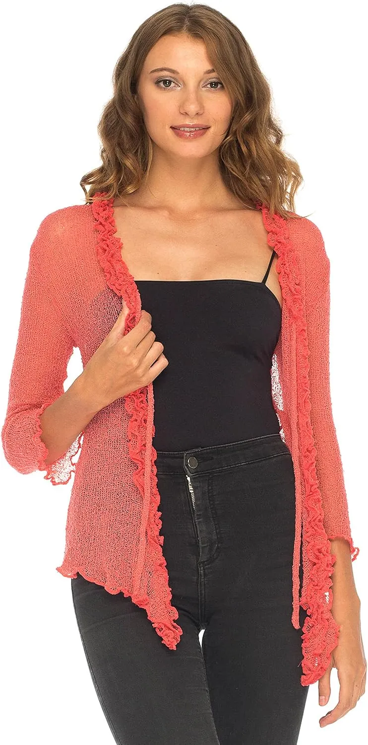 SHU-SHI Womens Sheer Shrug Cardigan Sweater Lightweight Knit Ruffle
