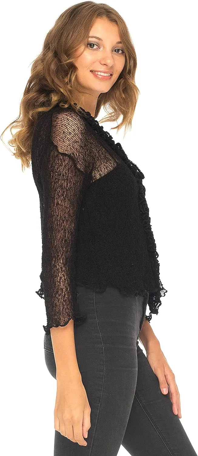 SHU-SHI Womens Sheer Shrug Cardigan Sweater Lightweight Knit Ruffle
