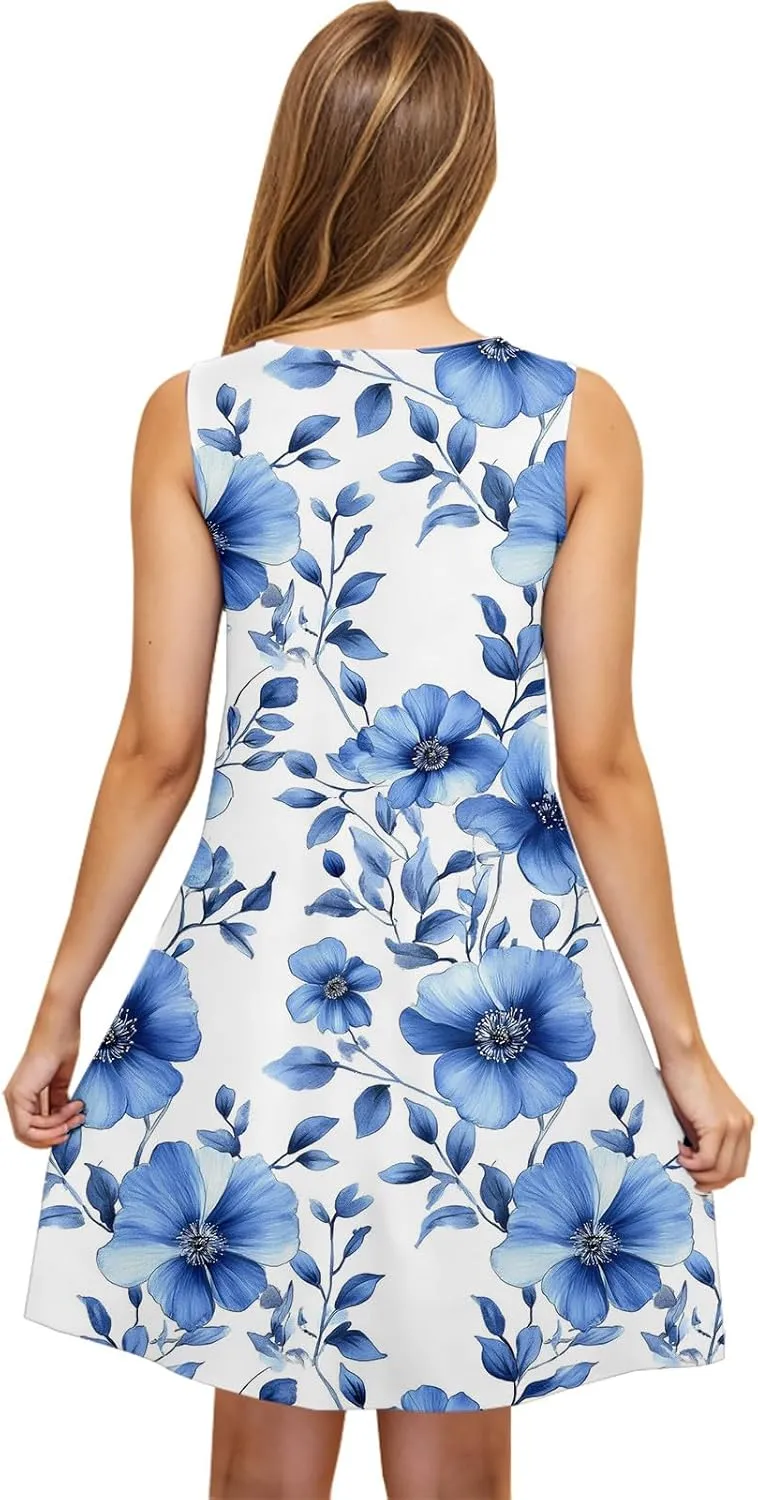 Sleeveless Dress for Women Loose Floral Print Round Neck Sundresses Summer Beach Tank Dress with Pockets