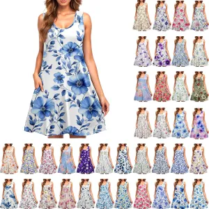 Sleeveless Dress for Women Loose Floral Print Round Neck Sundresses Summer Beach Tank Dress with Pockets