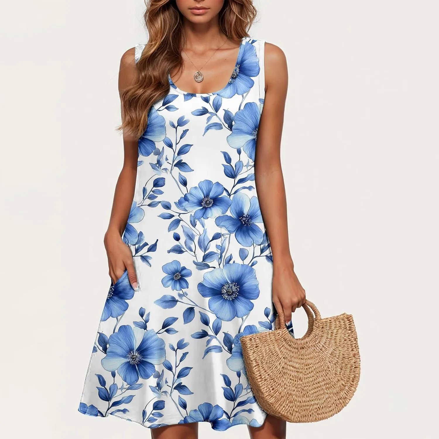 Sleeveless Dress for Women Loose Floral Print Round Neck Sundresses Summer Beach Tank Dress with Pockets