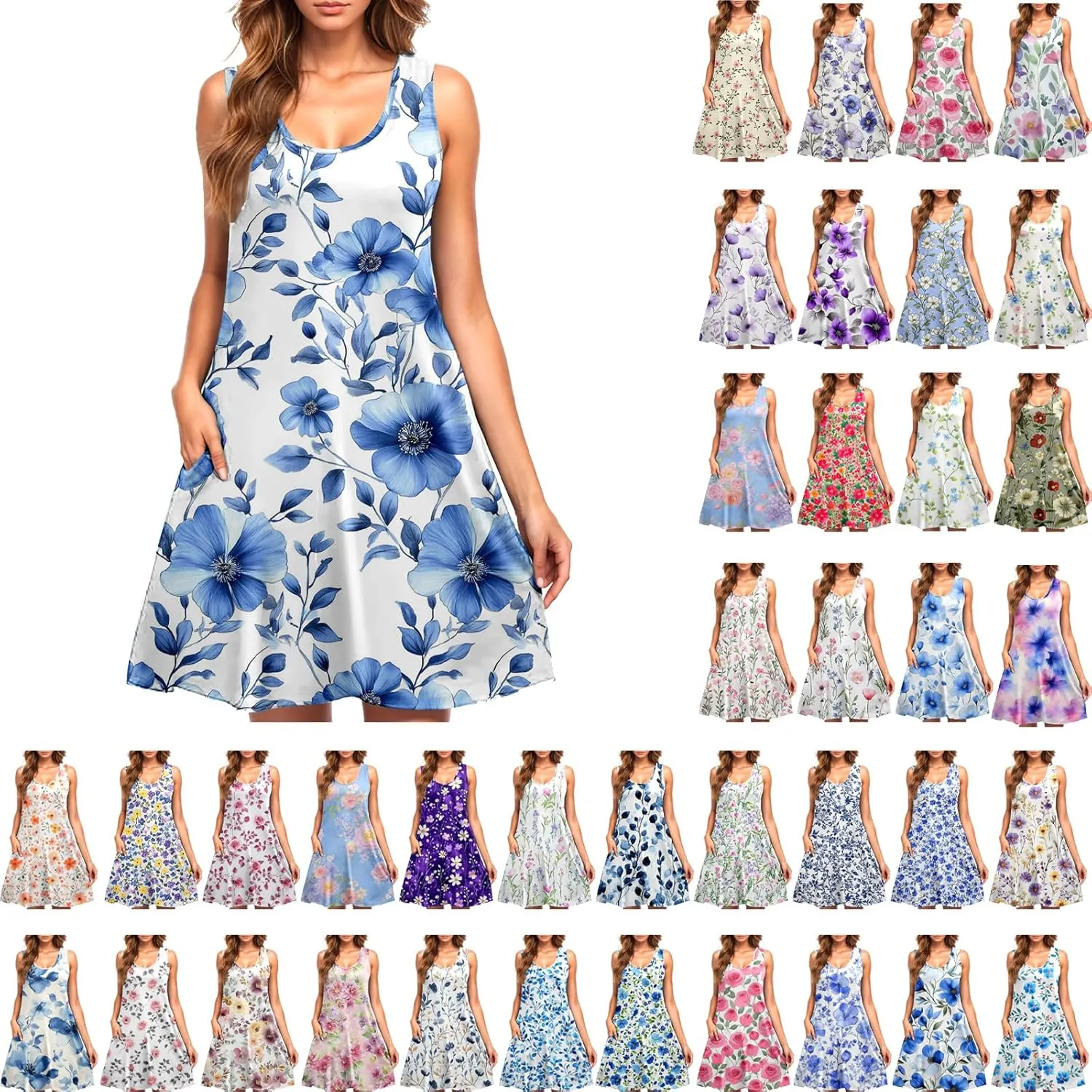 Sleeveless Dress for Women Loose Floral Print Round Neck Sundresses Summer Beach Tank Dress with Pockets