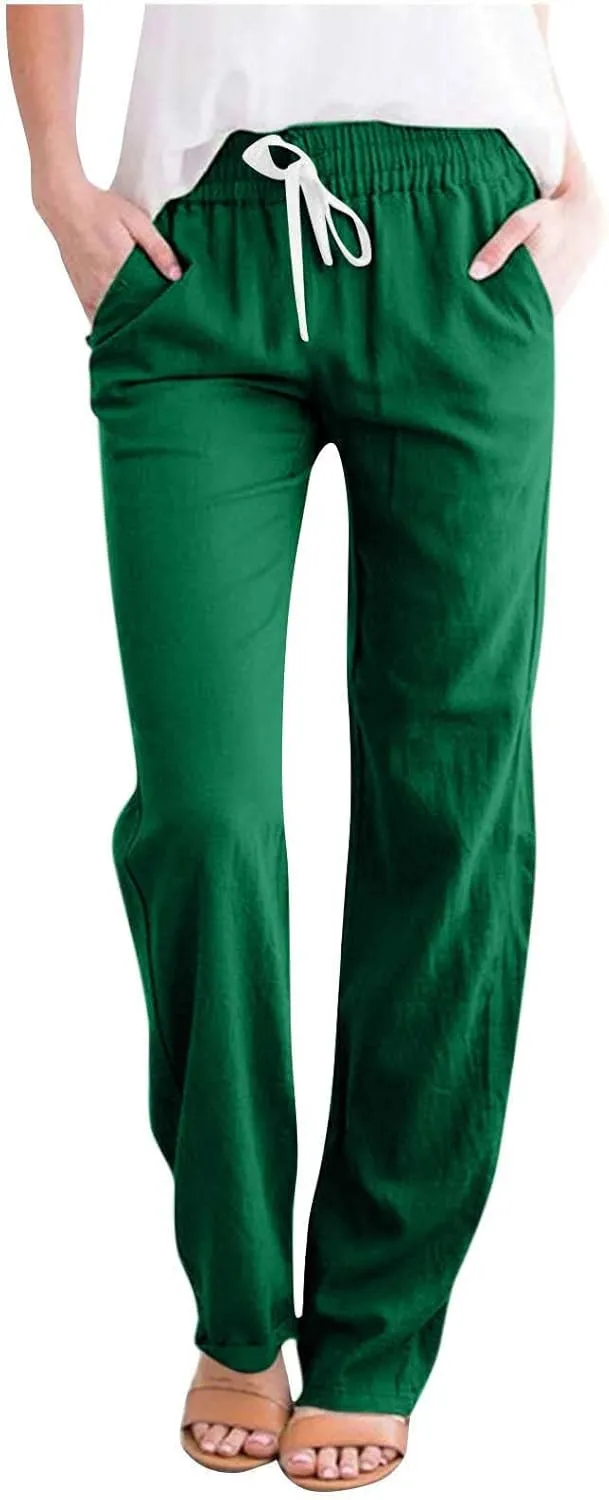 SMIDOW Womens Cotton Linen Pants Casual Drawstring Elastic High Waist Straight Leg Pants Loose Comfy Trousers with Pockets