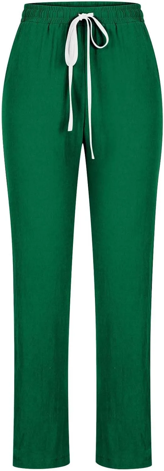 SMIDOW Womens Cotton Linen Pants Casual Drawstring Elastic High Waist Straight Leg Pants Loose Comfy Trousers with Pockets