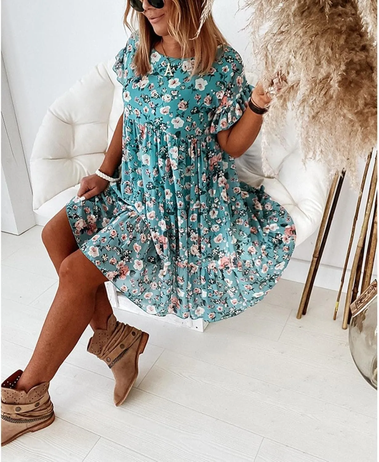 Spring Dresses for Women Trendy Flowy Casual V Neck 3/4 Sleeve Floral Maxi Dress A Line Plus Size Summer Long Dresses