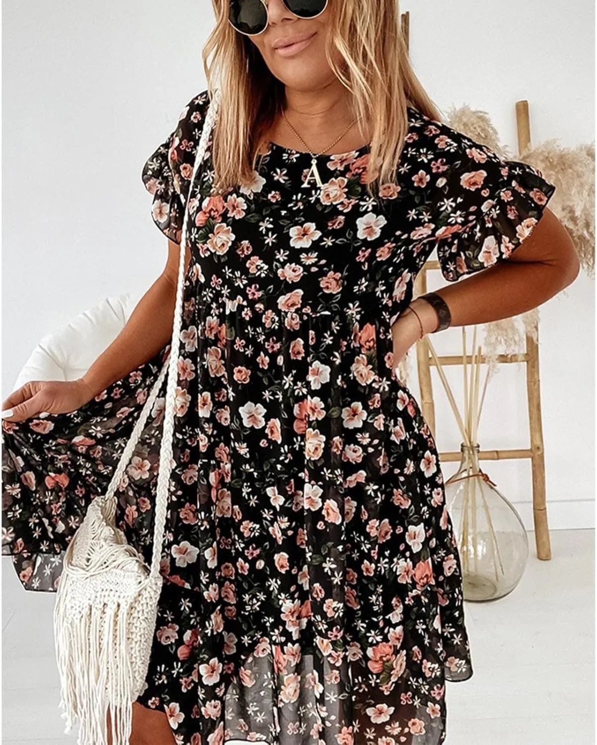 Spring Dresses for Women Trendy Flowy Casual V Neck 3/4 Sleeve Floral Maxi Dress A Line Plus Size Summer Long Dresses
