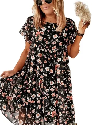 Spring Dresses for Women Trendy Flowy Casual V Neck 3/4 Sleeve Floral Maxi Dress A Line Plus Size Summer Long Dresses