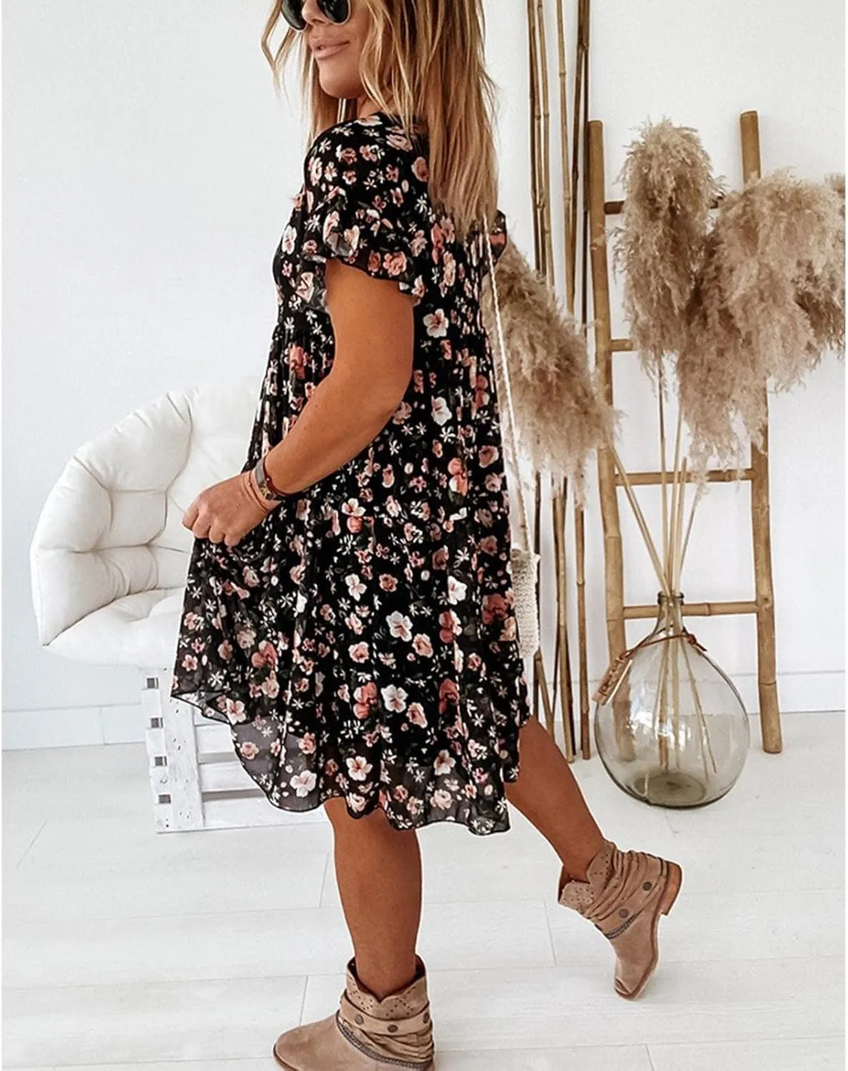 Spring Dresses for Women Trendy Flowy Casual V Neck 3/4 Sleeve Floral Maxi Dress A Line Plus Size Summer Long Dresses
