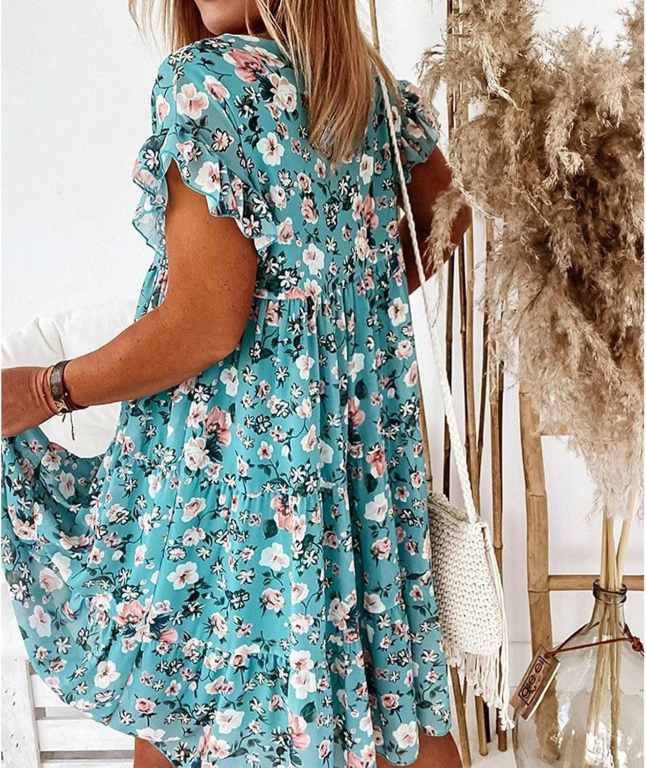Spring Dresses for Women Trendy Flowy Casual V Neck 3/4 Sleeve Floral Maxi Dress A Line Plus Size Summer Long Dresses