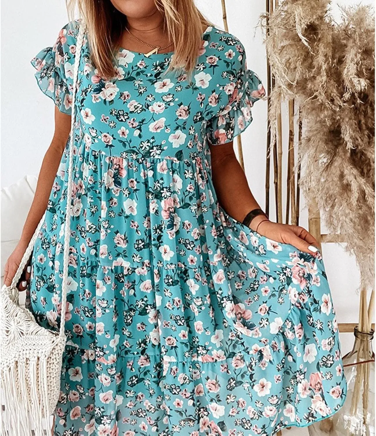 Spring Dresses for Women Trendy Flowy Casual V Neck 3/4 Sleeve Floral Maxi Dress A Line Plus Size Summer Long Dresses