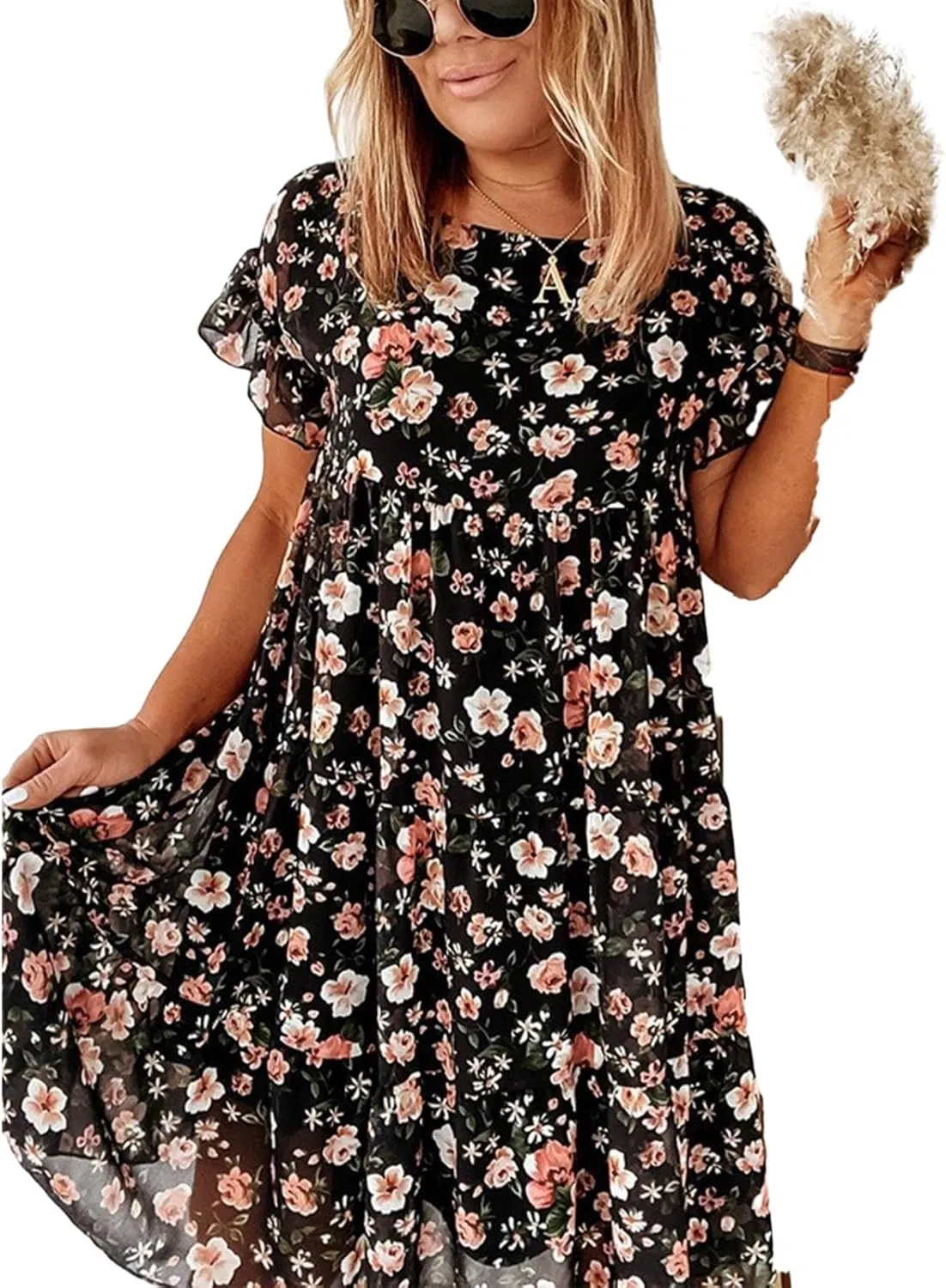Spring Dresses for Women Trendy Flowy Casual V Neck 3/4 Sleeve Floral Maxi Dress A Line Plus Size Summer Long Dresses