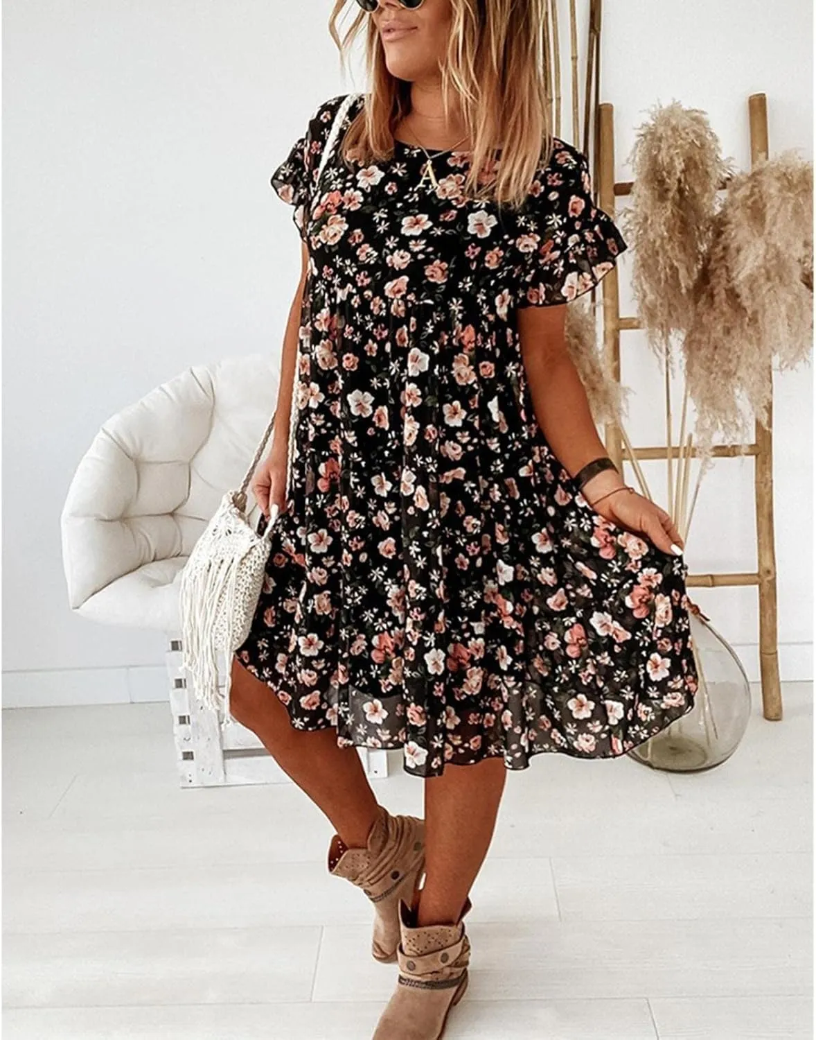 Spring Dresses for Women Trendy Flowy Casual V Neck 3/4 Sleeve Floral Maxi Dress A Line Plus Size Summer Long Dresses