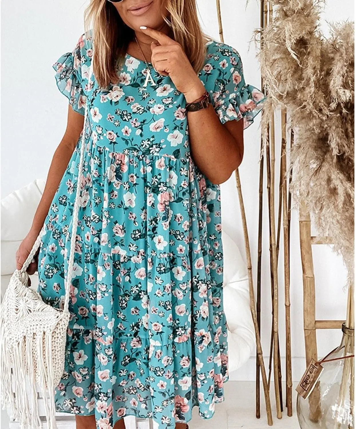 Spring Dresses for Women Trendy Flowy Casual V Neck 3/4 Sleeve Floral Maxi Dress A Line Plus Size Summer Long Dresses