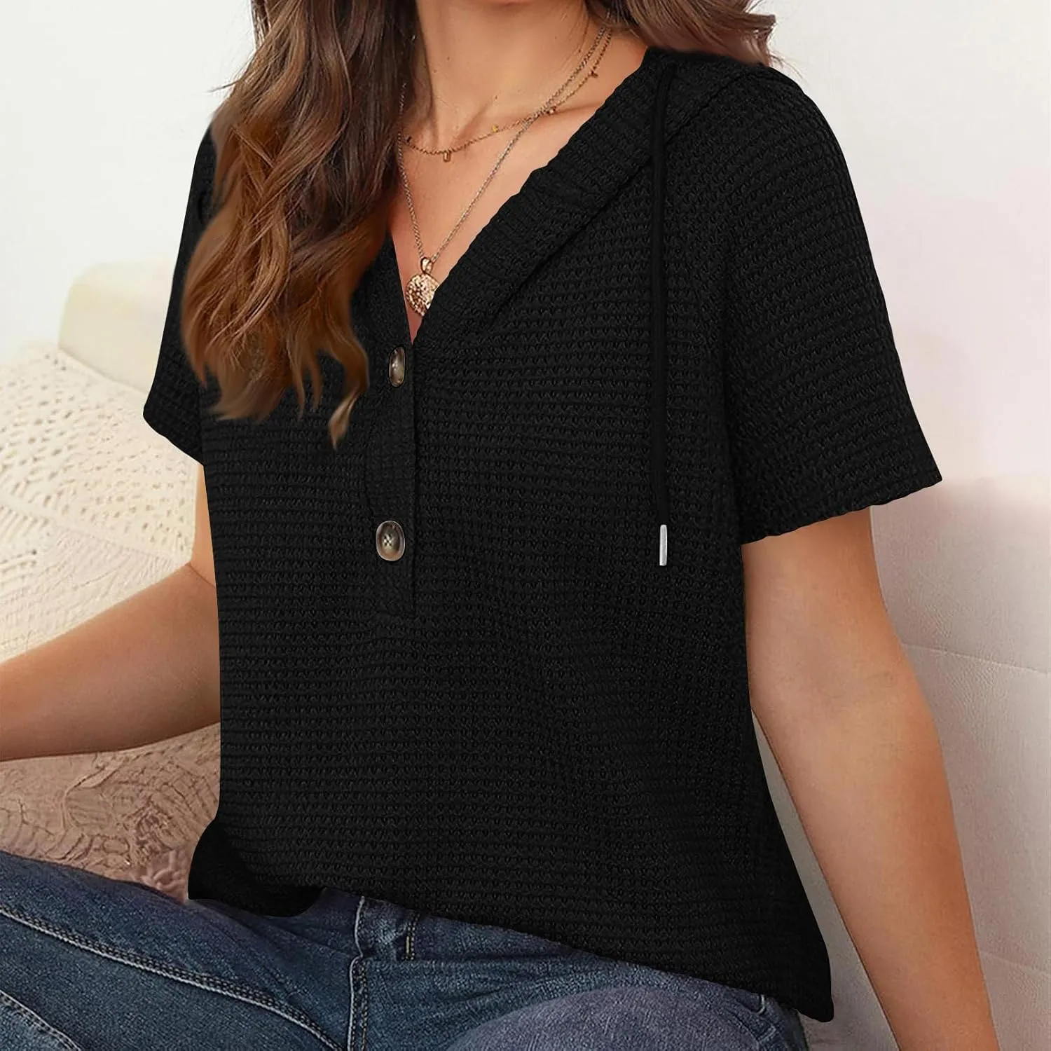 Spring Resort Wear Outfits Vacation Waffle Knit Tops Trendy 2025 Fashion Trends Cute Short Sleeve Hoodie Oversized