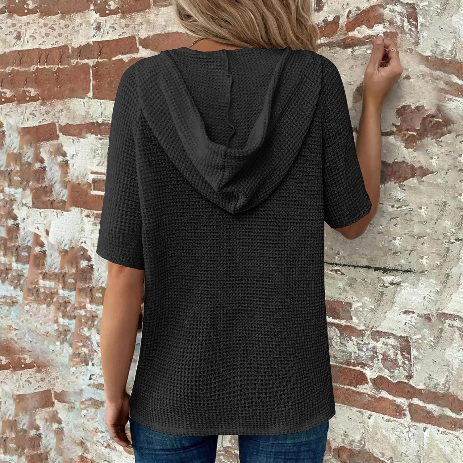 Spring Resort Wear Outfits Vacation Waffle Knit Tops Trendy 2025 Fashion Trends Cute Short Sleeve Hoodie Oversized