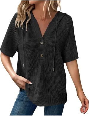 Spring Resort Wear Outfits Vacation Waffle Knit Tops Trendy 2025 Fashion Trends Cute Short Sleeve Hoodie Oversized